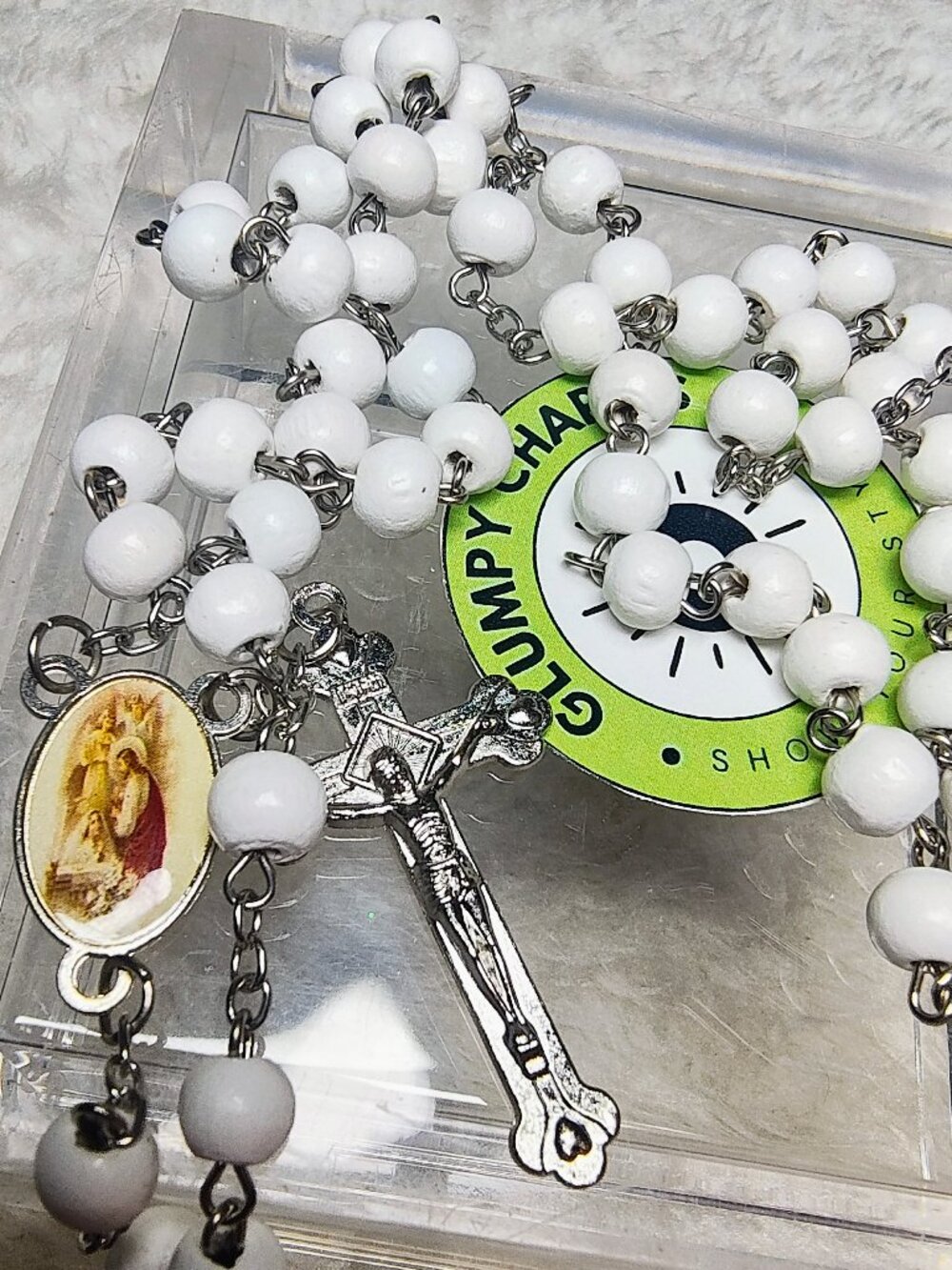 White & silver rosary necklace with cross and charm